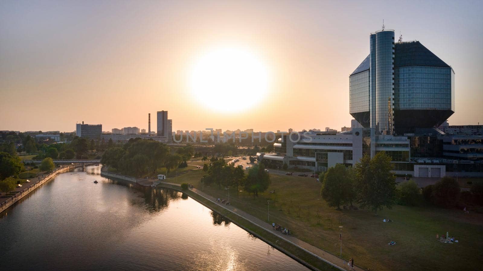 View from the roof of the National Library in Minsk at sunset. Belarus, public building.