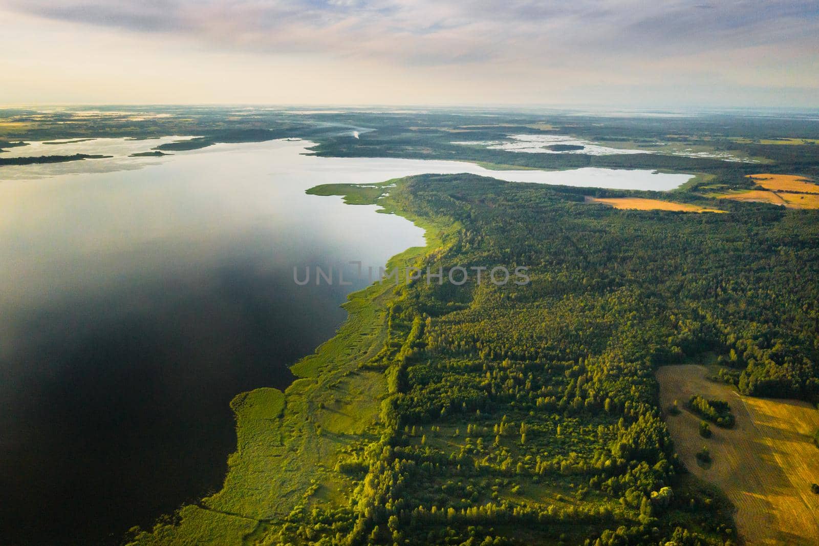 Top view of the lake Bolta in the forest in the Braslav lakes National Park, the most beautiful places in Belarus.An island in the lake.Belarus