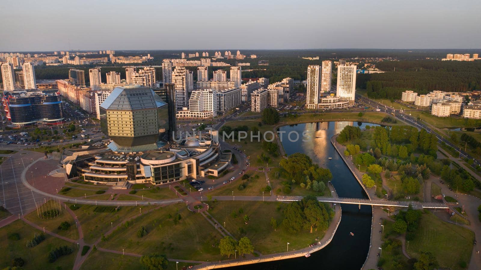 View from the roof of the National Library in Minsk at sunset. Belarus, public building by Lobachad