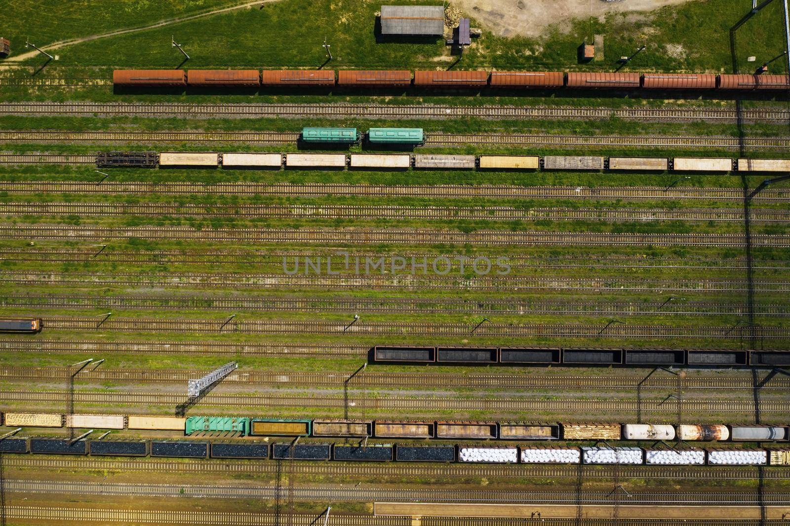 aerial photography of railway tracks and cars.Top view of cars and Railways.Minsk.Belarus.