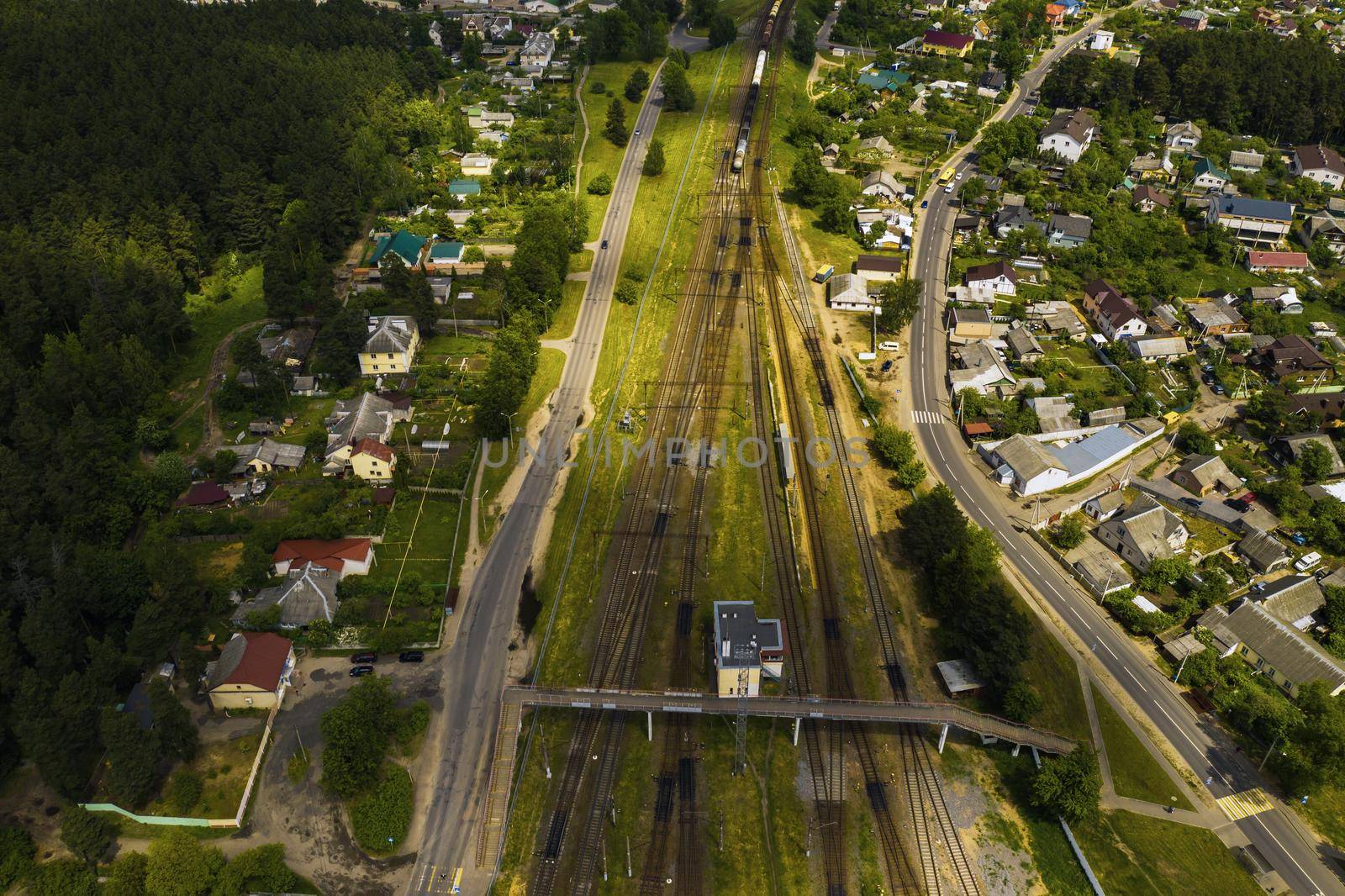 aerial photography of railway tracks and cars.Top view of cars and Railways.Minsk.Belarus by Lobachad