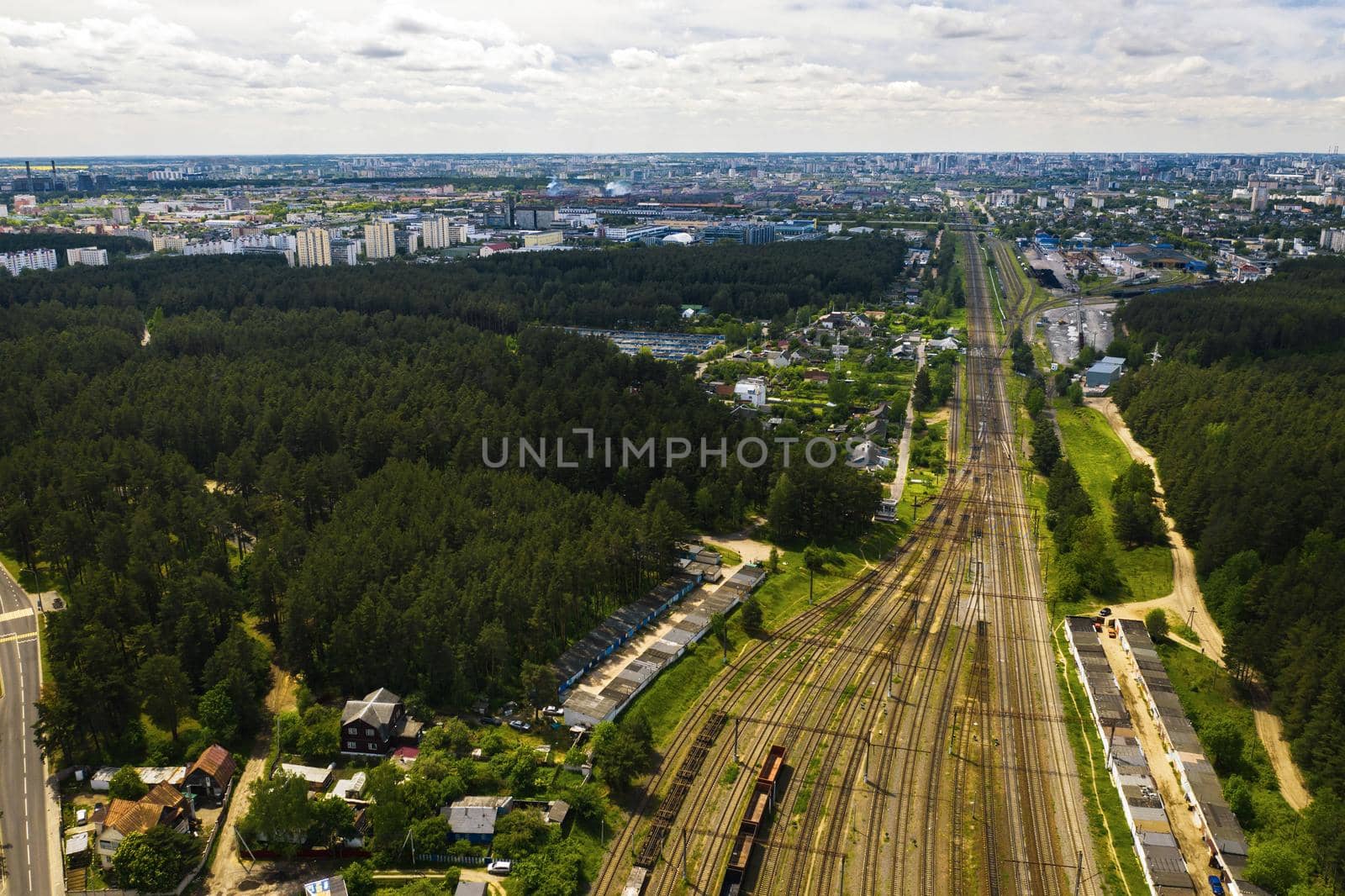 aerial photography of railway tracks and cars.Top view of cars and Railways.Minsk.Belarus.