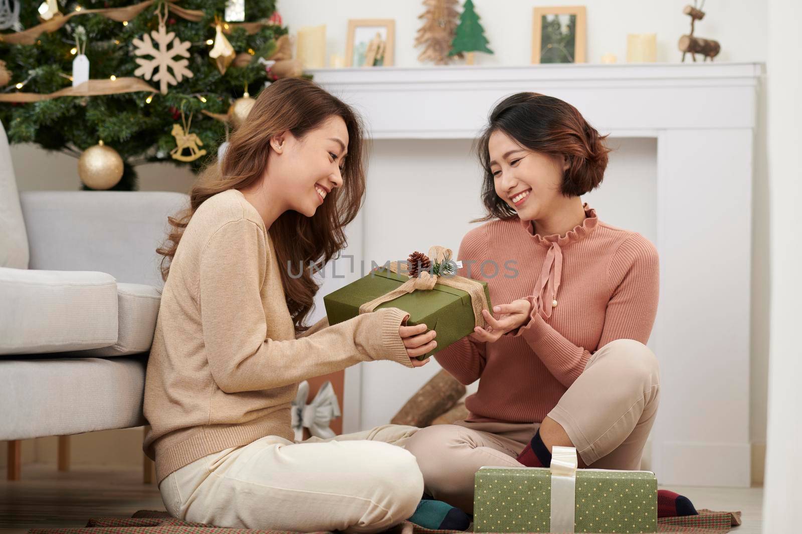 merry xmas and happy new year are coming. sisters decorating the christmas tree together at home. 