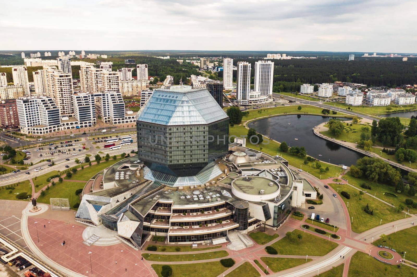 Top view of the National library in Minsk-the capital of the Republic of Belarus, a public building.