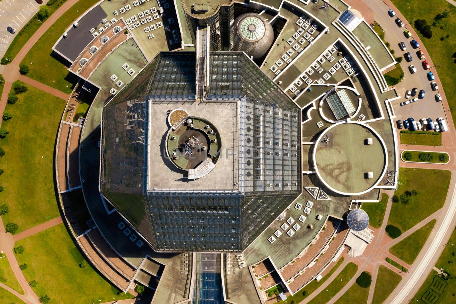 Top view of the National library in Minsk-the capital of the Republic of Belarus, a public building.