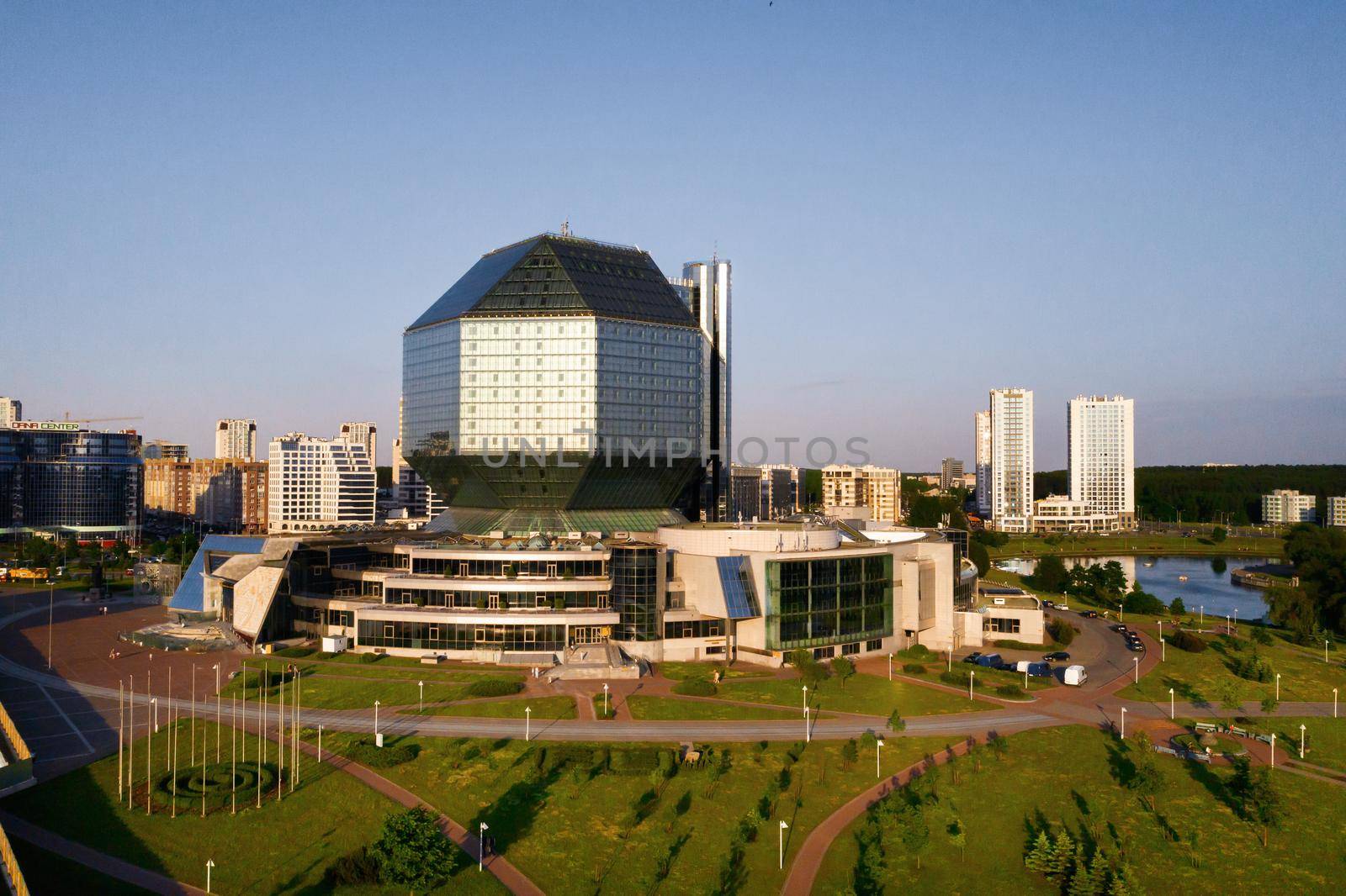 Top view of the National library and a new neighborhood with a Park in Minsk.Belarus, public building.