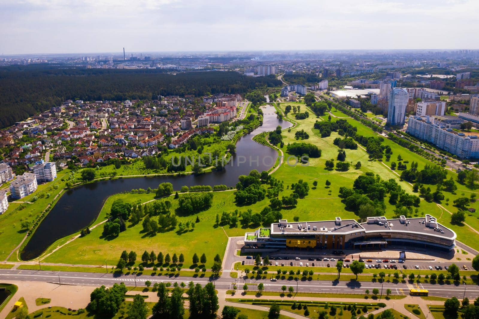 aerial photography from above of a large number of residential buildings in the Eastern district of Minsk.District of Minsk Svisloch river.Belarus.