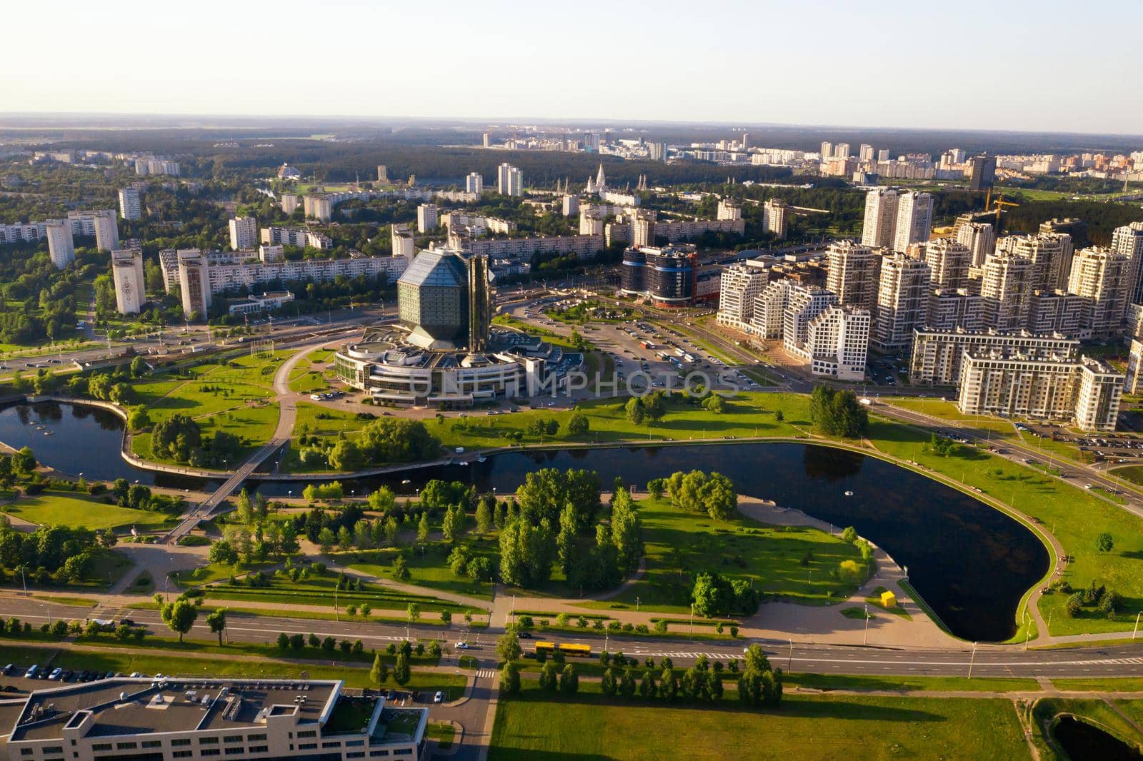 Top view of the National library and a new neighborhood with a Park in Minsk-the capital of the Republic of Belarus, a public building.