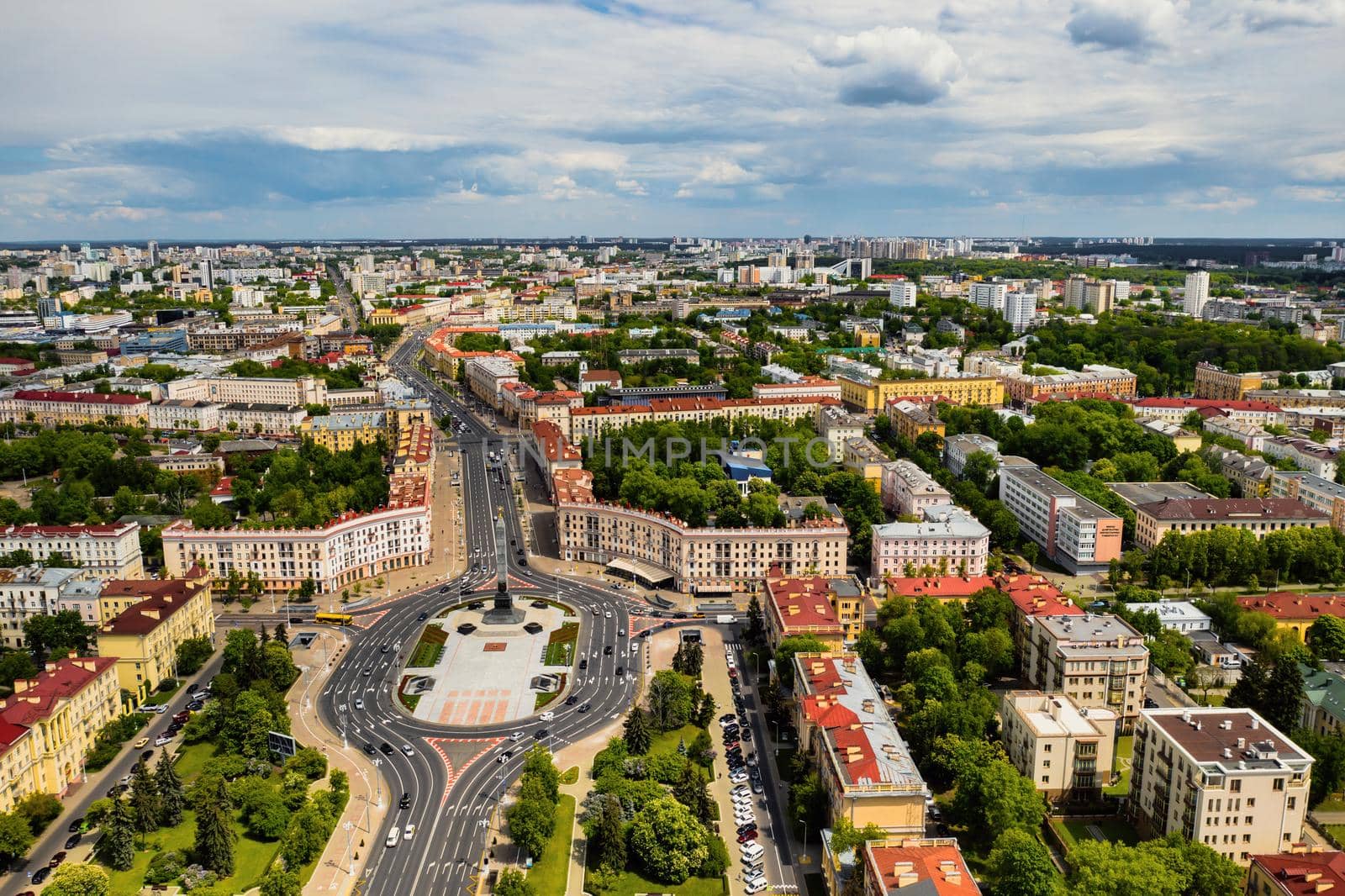 Top view of Victory square in Minsk.Bird's-eye view of the city of Minsk and victory square.Belarus
