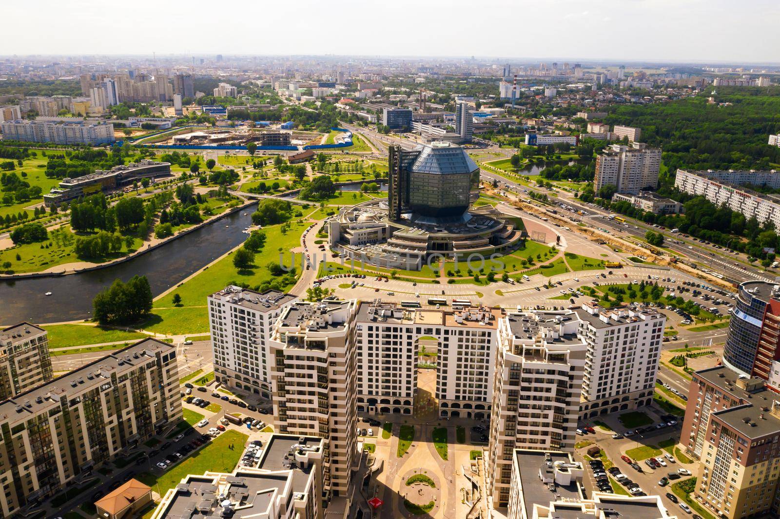 Top view of the National library and a new neighborhood with a Park in Minsk.Belarus, public building.