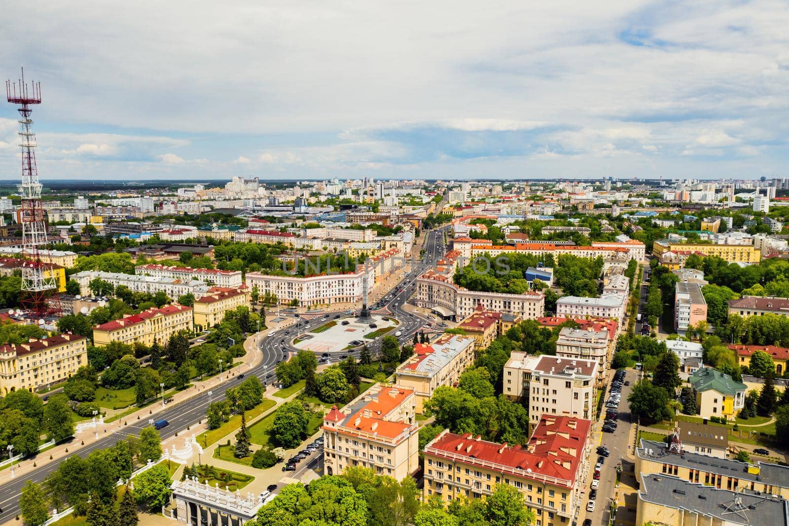 Top view of Victory square in Minsk.Bird's-eye view of the city of Minsk and victory square.Belarus