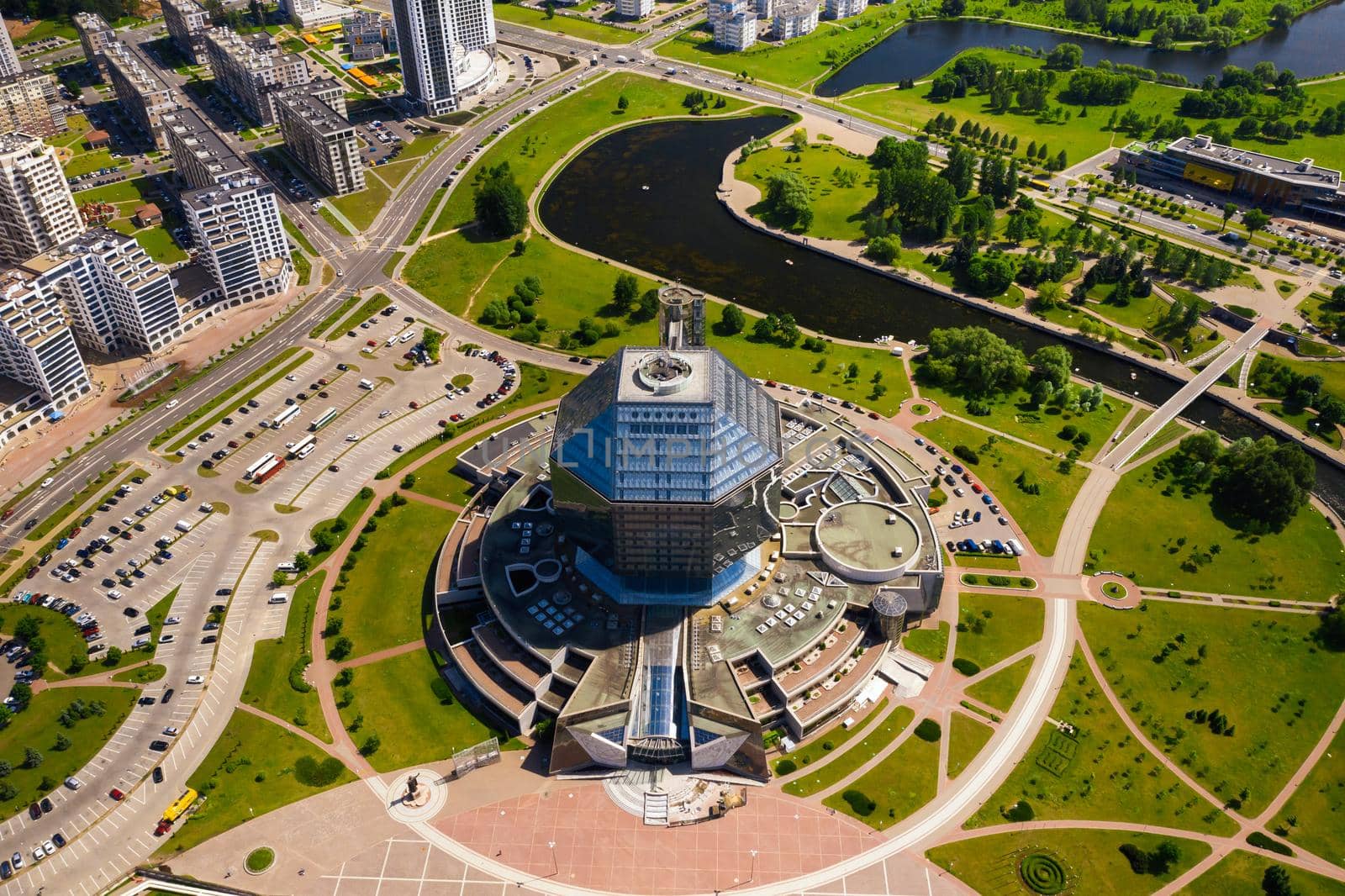 Top view of the National library and a new neighborhood with a Park in Minsk.Belarus, public building.
