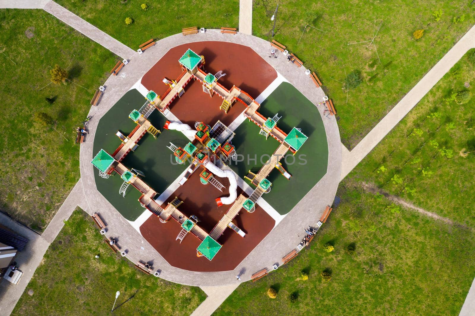 Top view of the New Playground in the new district of Minsk.View from the height of a large children's play area on the street.Belarus by Lobachad