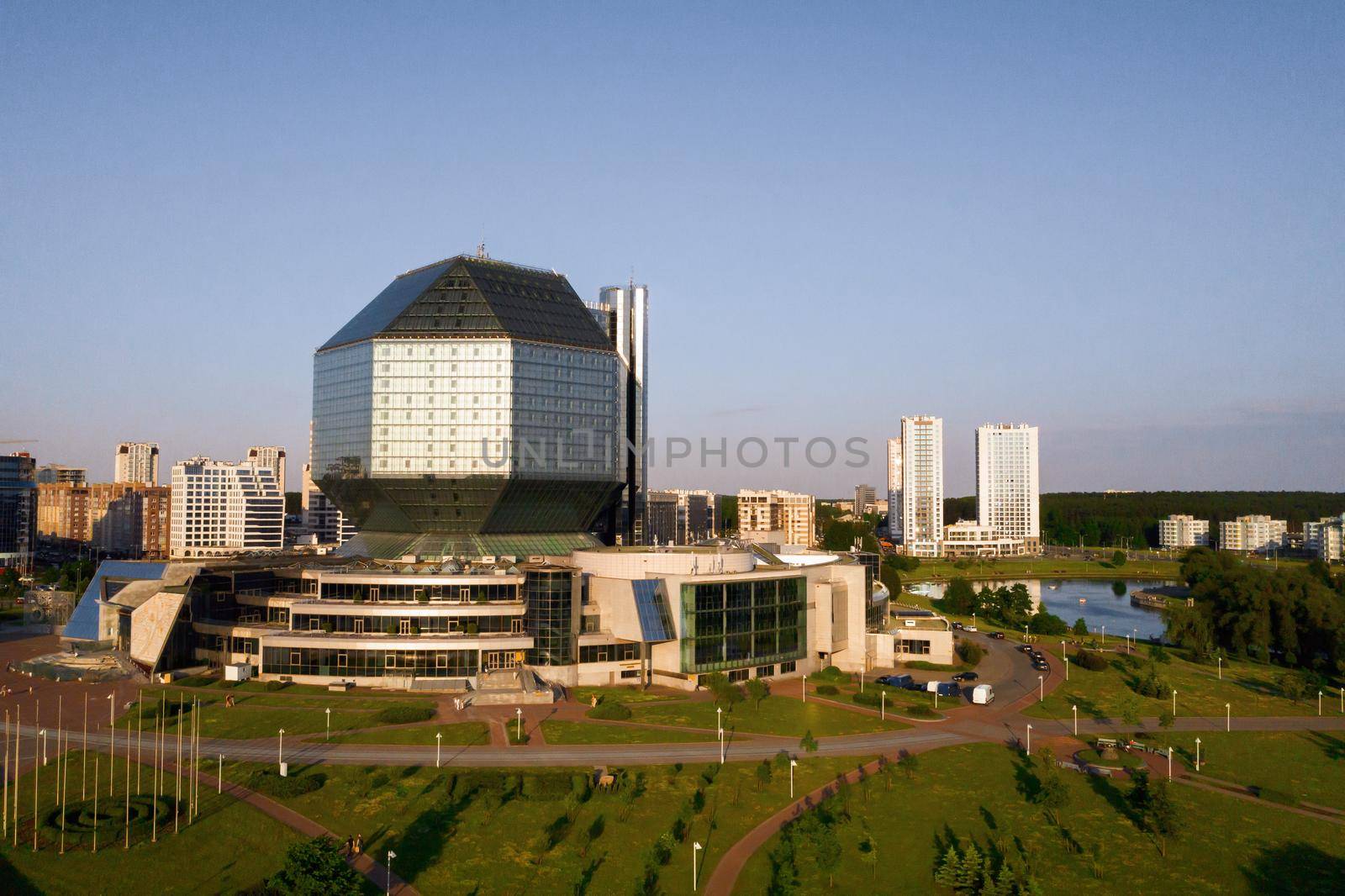Top view of the National library and a new neighborhood with a Park in Minsk-the capital of the Republic of Belarus at sunset, a public building.