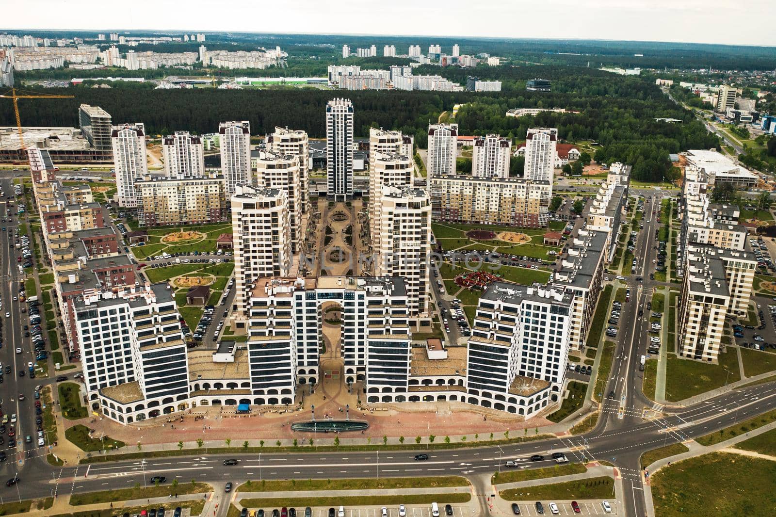 View from the height of the new district in the city of Minsk.Architecture of the city of Minsk.A new area of the lighthouse.Belarus.