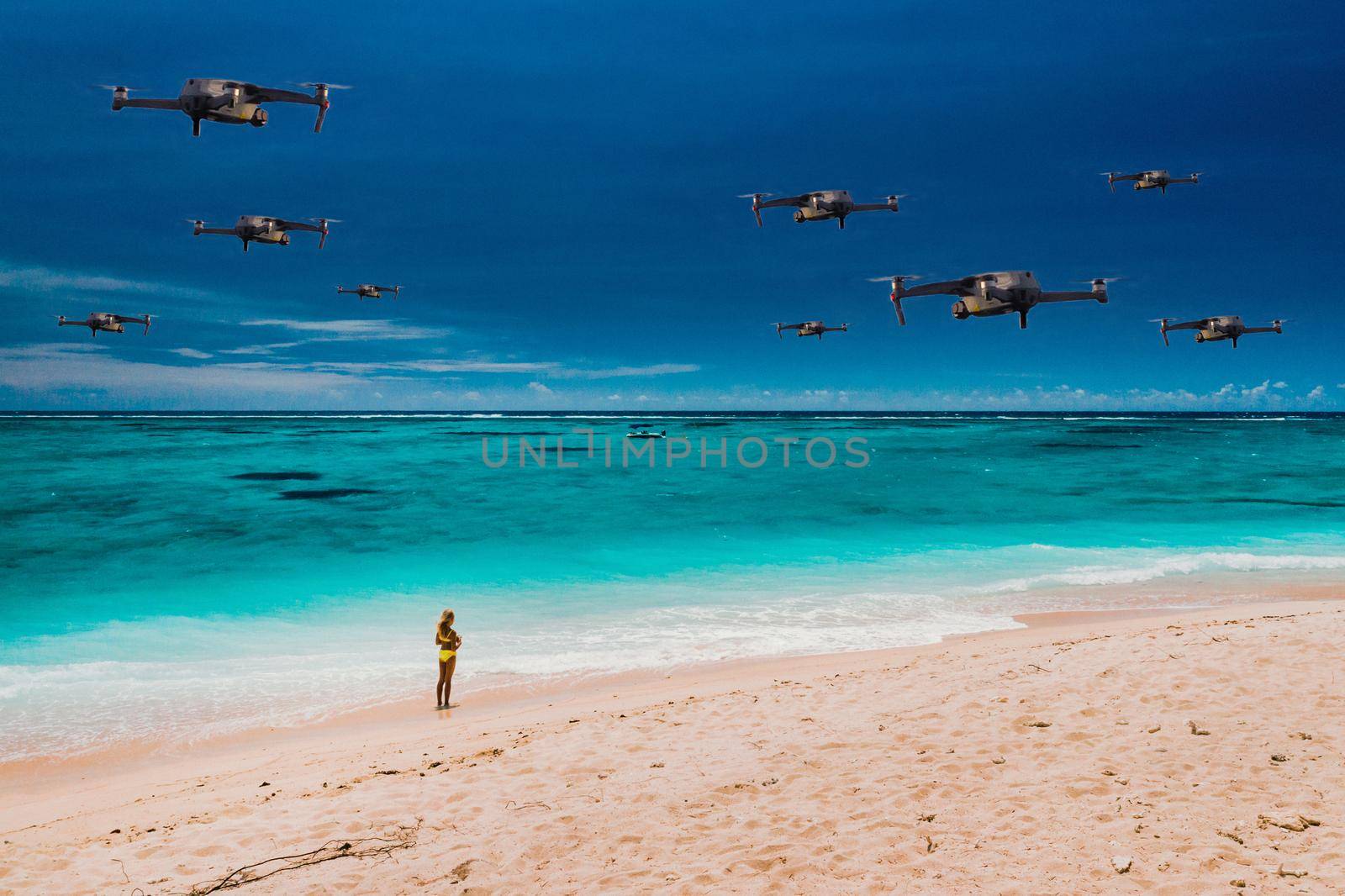 Drones fly over the beach of a tropical island in the Indian Ocean. A natural landscape with drones flying over it. quadrocopter.