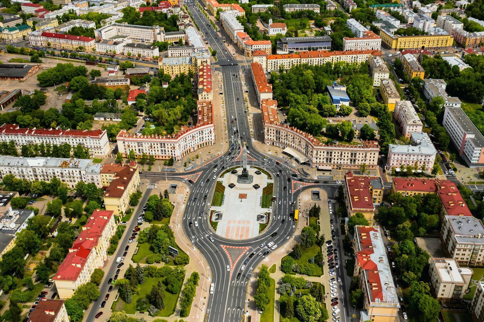 Top view of Victory square in Minsk.Bird's-eye view of the city of Minsk and victory square.Belarus