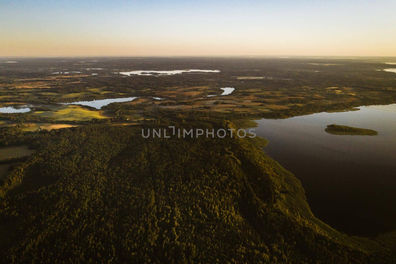 Top view of lake Drivyaty in the Braslav lakes National Park, the most beautiful lakes in Belarus.An island in the lake.Belarus