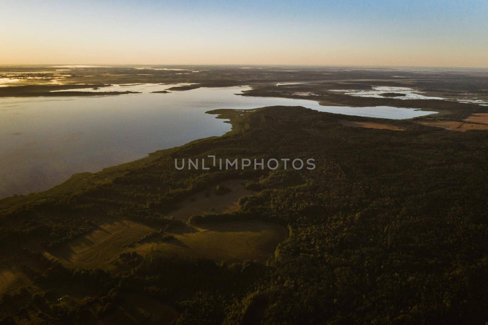 Top view of lake Drivyaty in the Braslav lakes National Park, the most beautiful lakes in Belarus.An island in the lake.Belarus