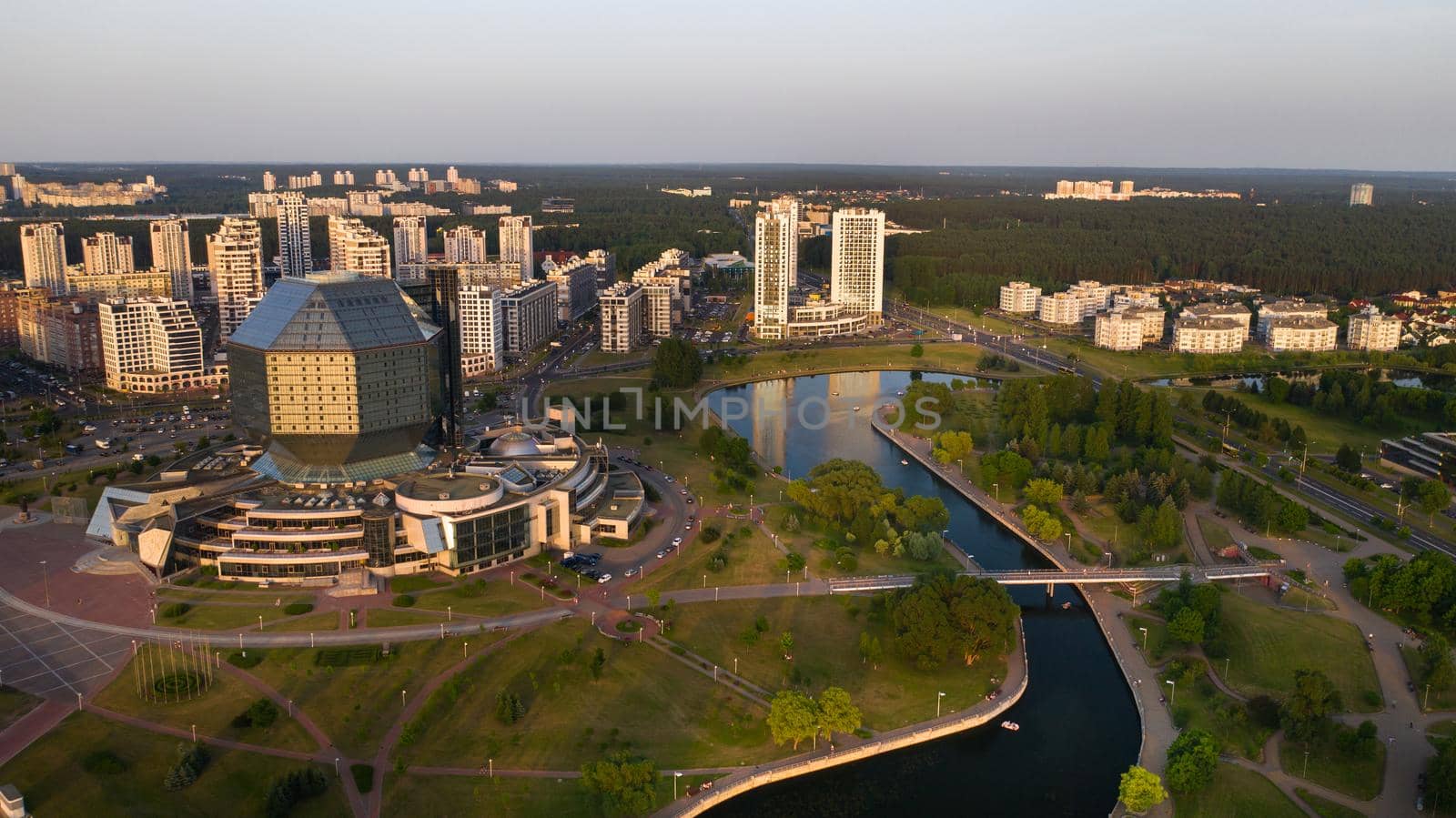 View from the roof of the National Library in Minsk at sunset. Belarus, public building.
