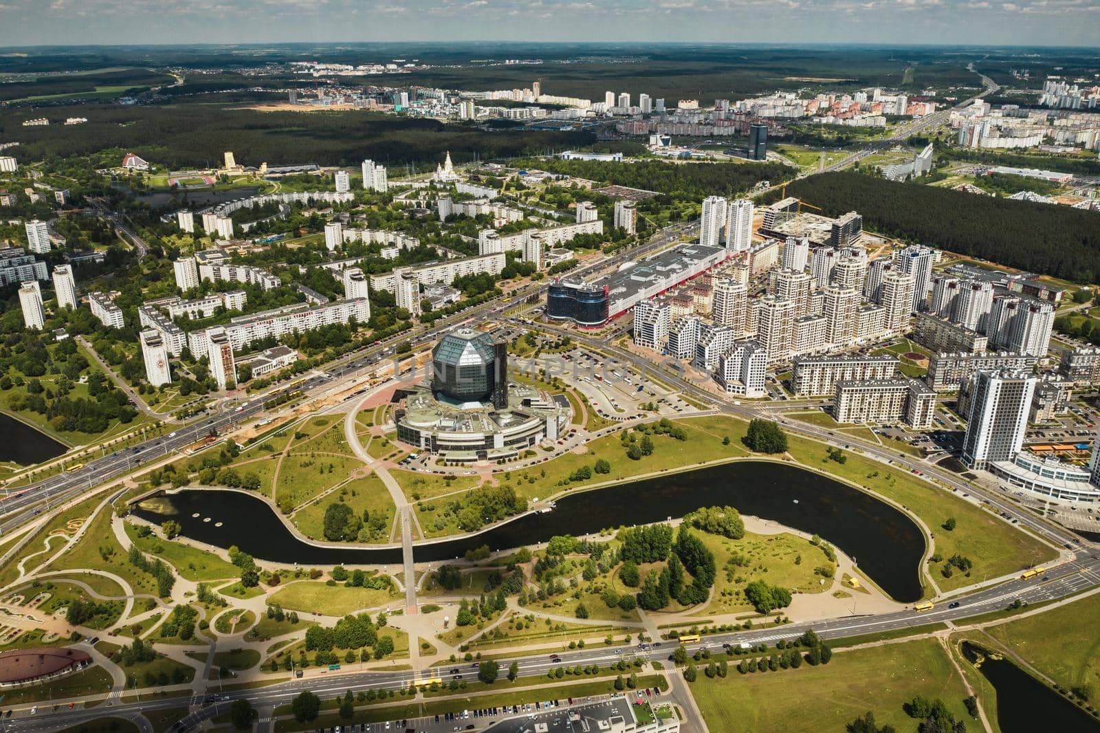 Top view of the National library and a new neighborhood with a Park in Minsk-the capital of the Republic of Belarus, a public building.