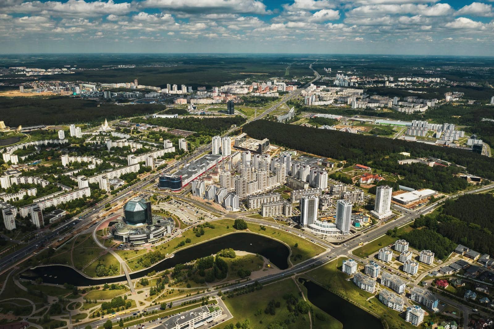 Top view of the National library and a new neighborhood with a Park in Minsk-the capital of the Republic of Belarus, a public building by Lobachad