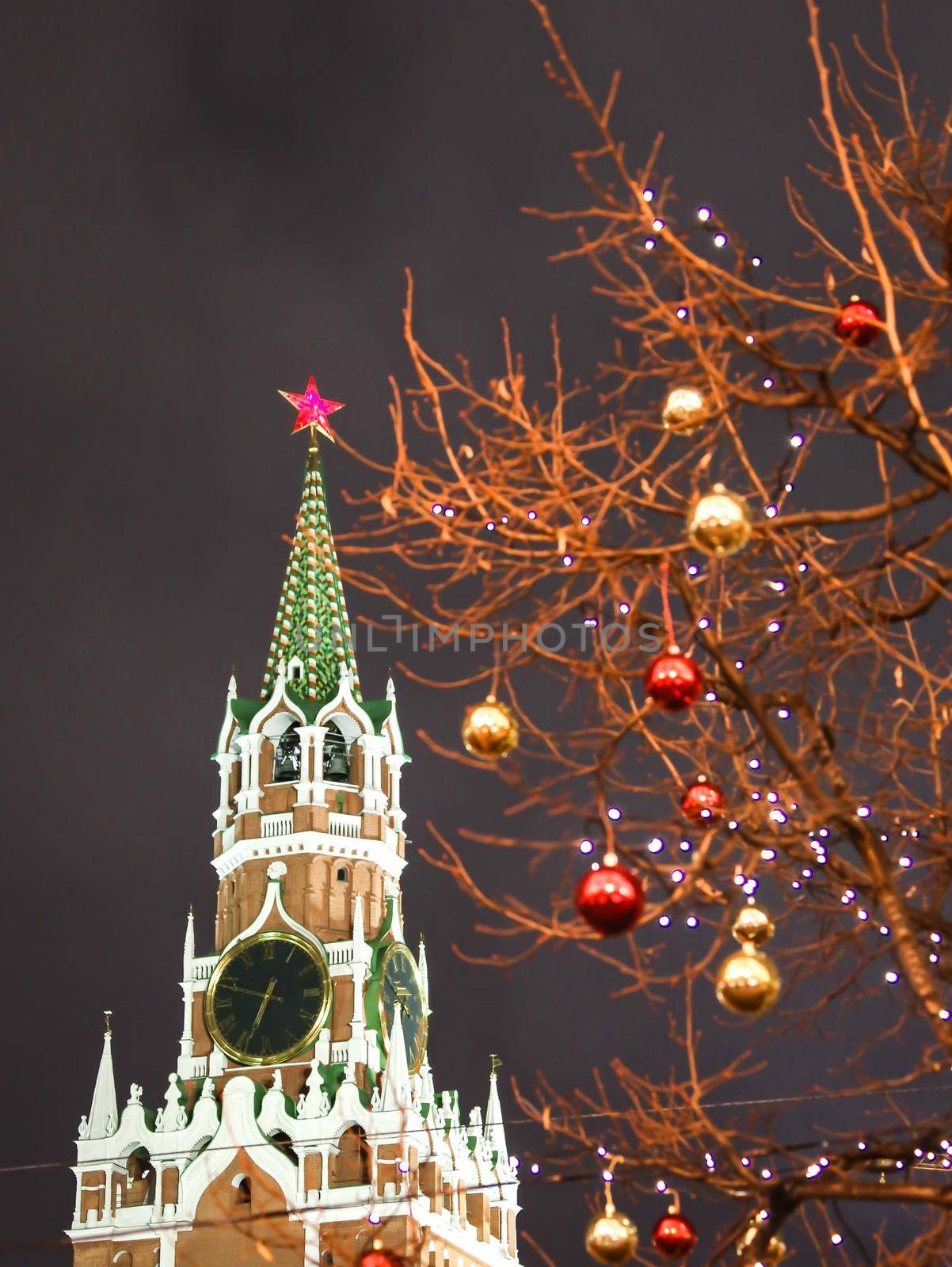 Spasskaya Tower on Red square in Moscow, Russia on Christmas