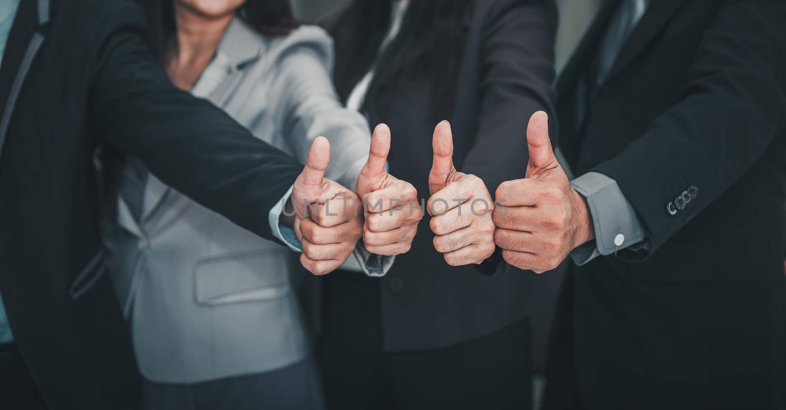 Business People Teams Giving Thumbs up While Standing in Office Workplace, Close Up of Confident Business Officer Teamwork Showing Thumbs-up Satisfied ​for Work Warranty Trust. Trustworthy Concept