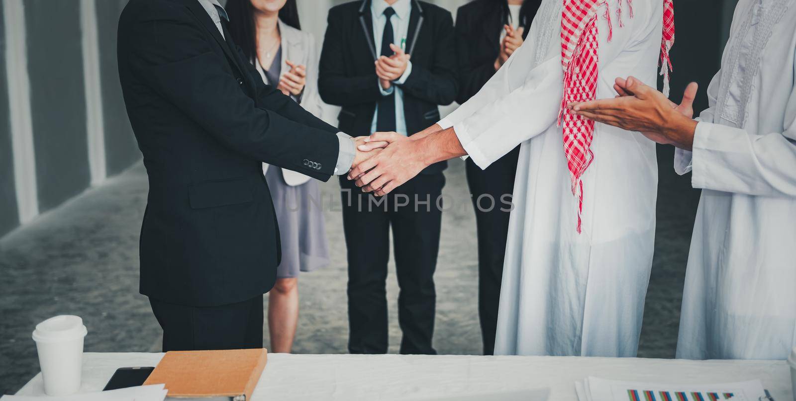 Business Partners Greetings Handshake After Conference Agreement Deal Together, Businesspeople Multicultural are Shaking Hands Togetherness in Meeting Room., Business Partnership Team Concept.