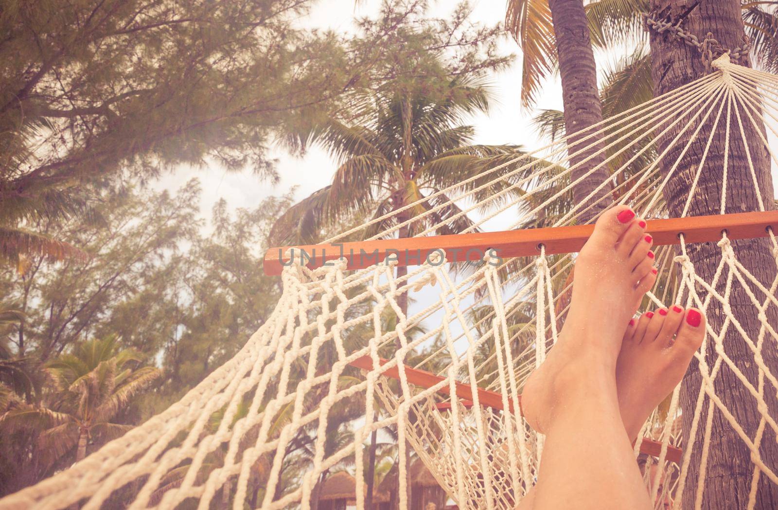 Female legs in a hammock on a background of the sea, palm trees and sunset. Vacation concept with copy space and orange color tone