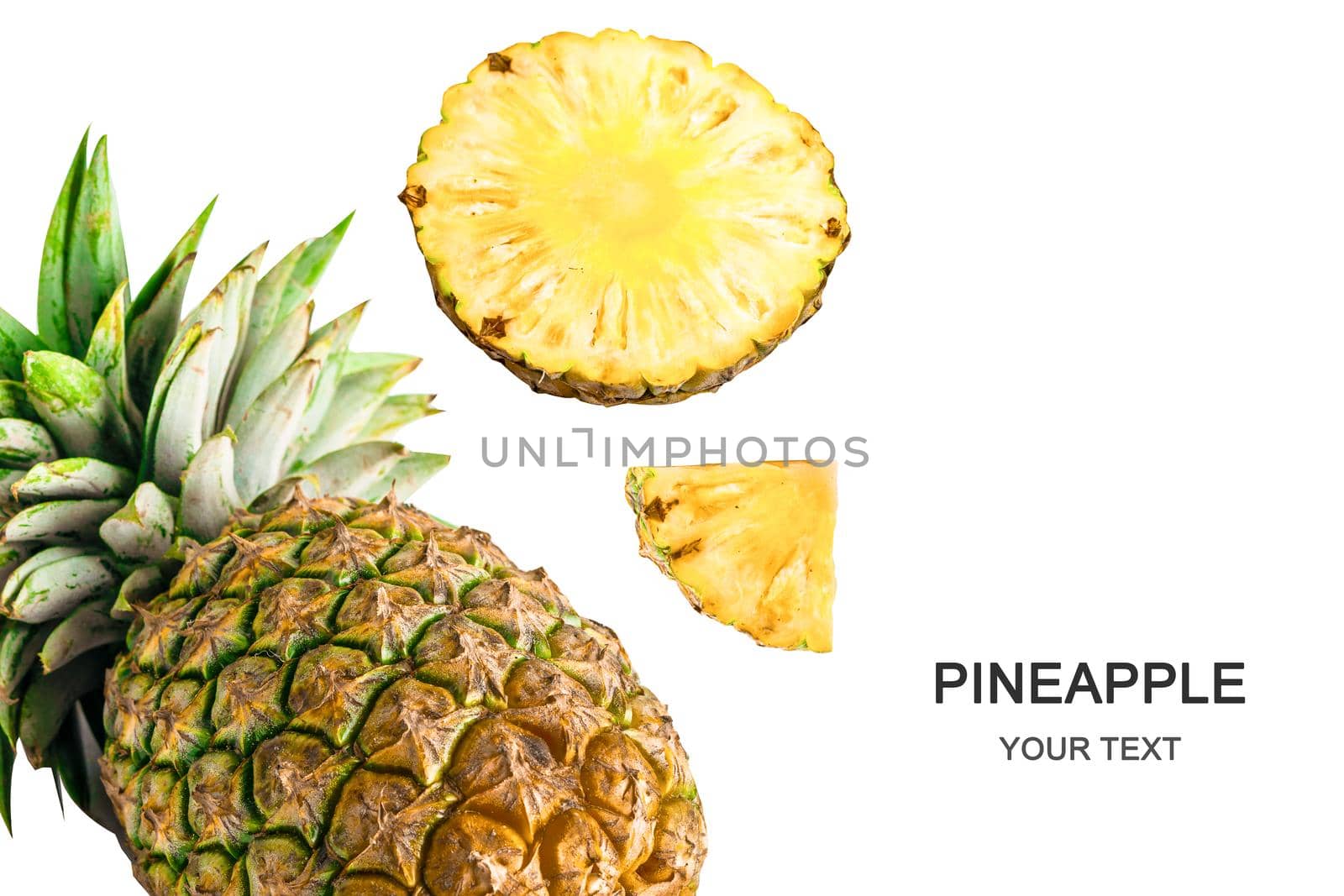 Pineapple with fresh slice and leaf isolated on white background with copy space, Top view, Flat lay, fruit food in Asia. by pamai