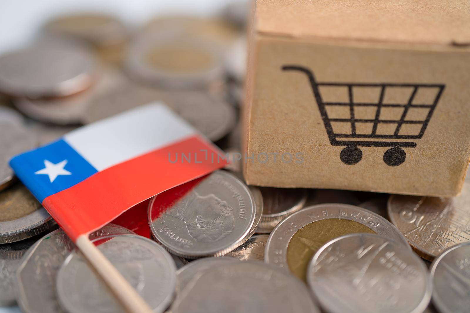 Stack of coins, shopping cart box with Chile flag, finance concept. by pamai