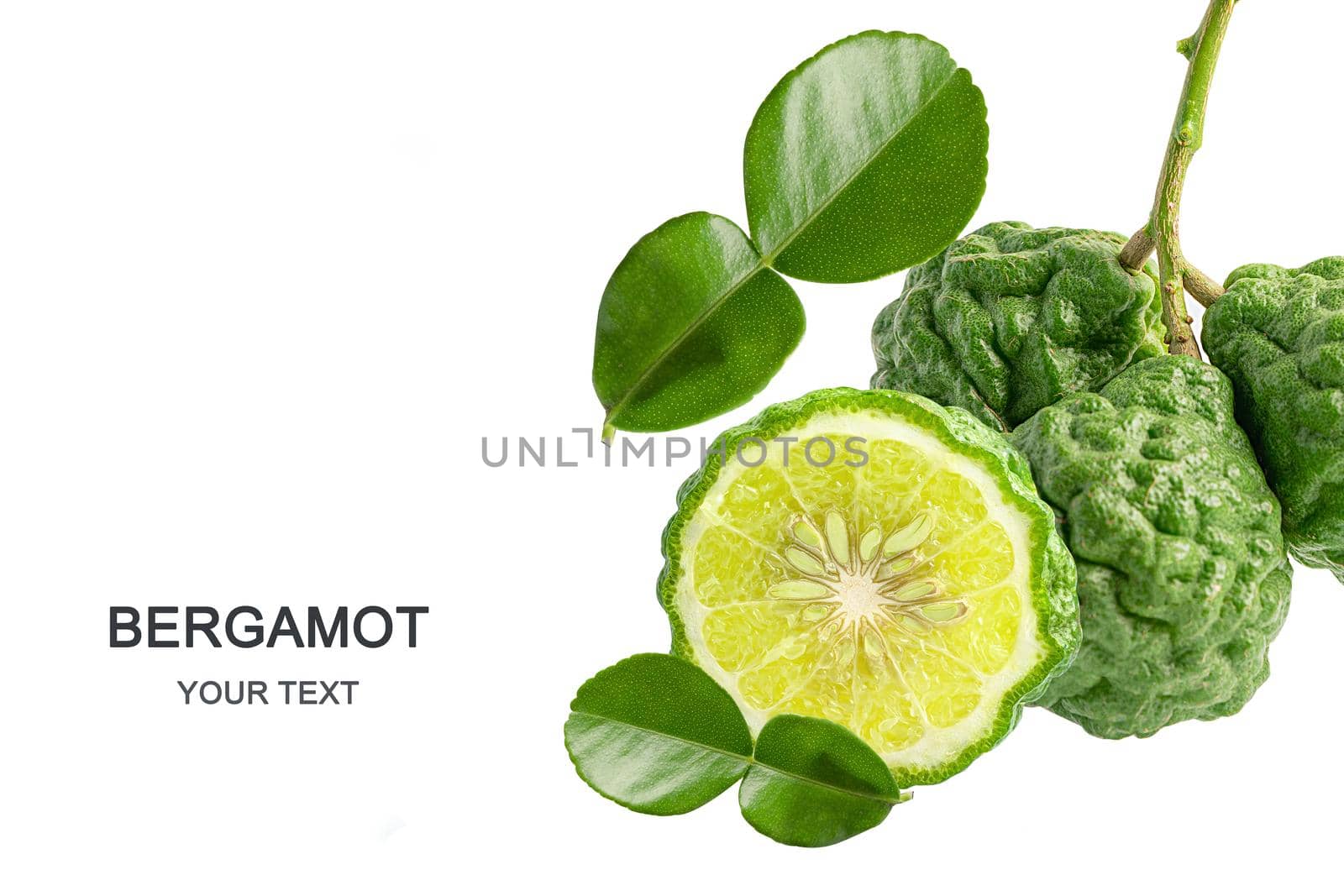Fresh bergamot fruit or kaffir lime with cut in half on white background with copy space. by pamai
