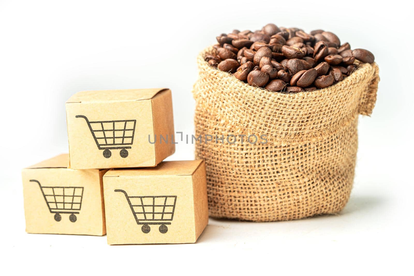 Box with shopping cart logo symbol on coffee beans, Import Export Shopping online or eCommerce delivery service store product shipping, trade, supplier concept. by pamai