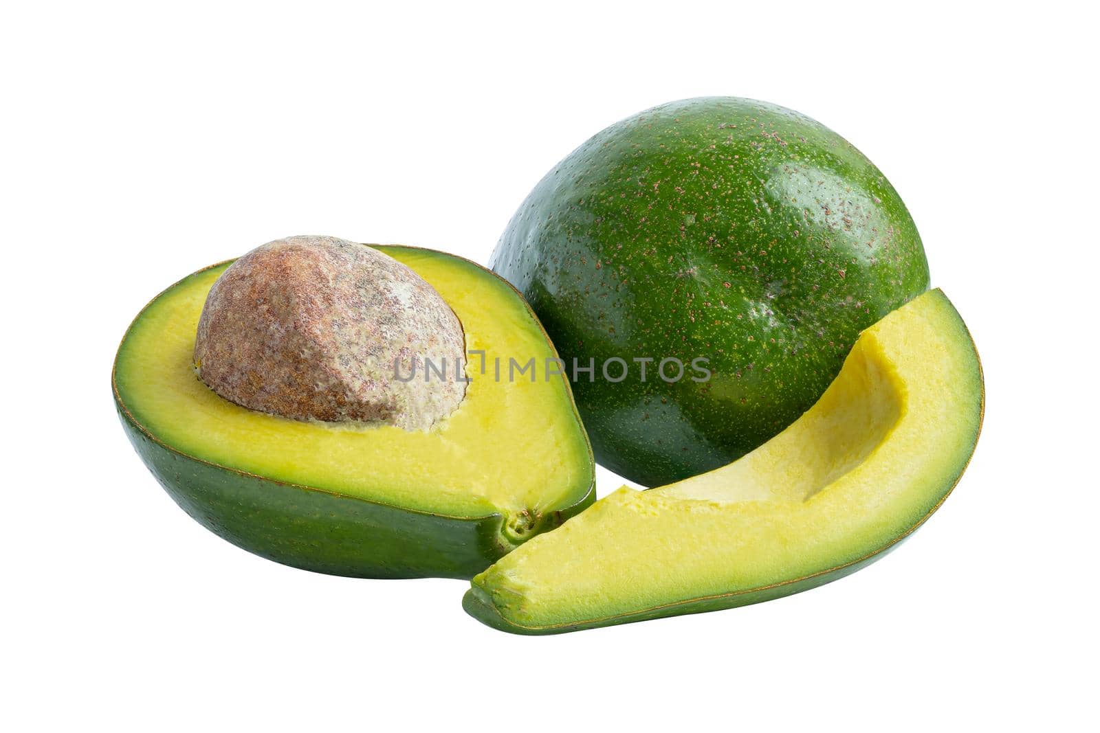 Avocado fruit food whole and half isolated on white background with clipping path.