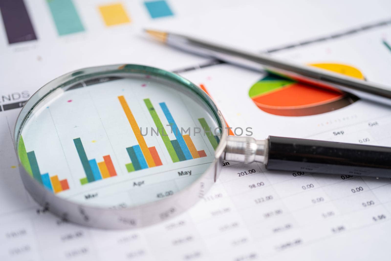 Magnifying glass on charts graphs paper. Financial development, Banking Account, Statistics, Investment Analytic research data economy, Stock exchange trading, Business office company meeting concept.