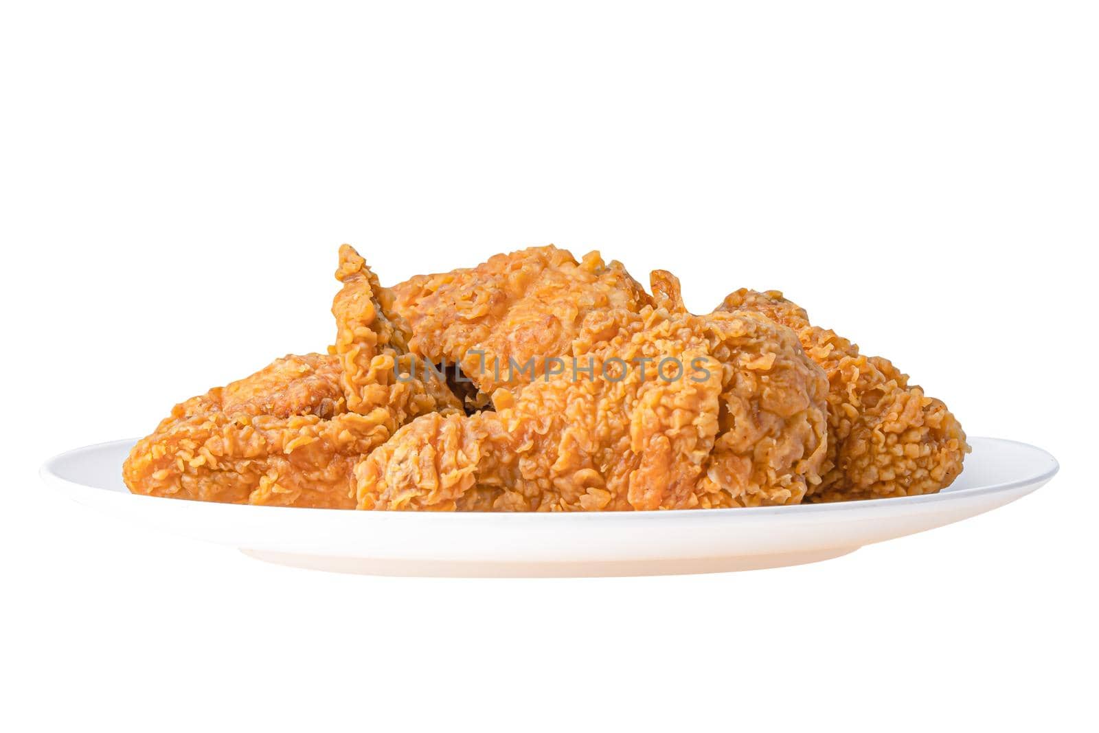 Fried chicken fast food on white dish isolated on white background. by pamai