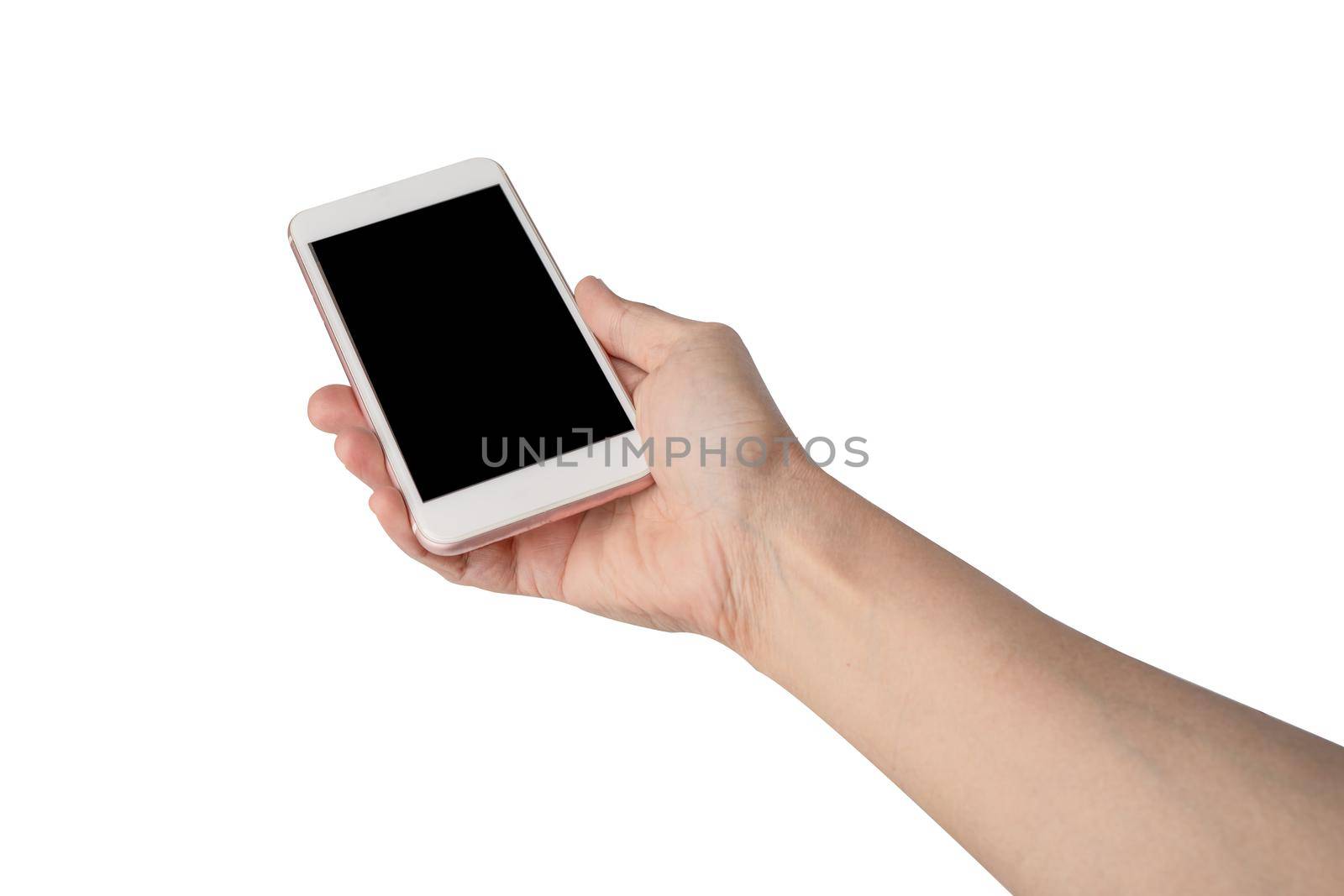 Lady woman hand holding mobile phone isolated on white background.