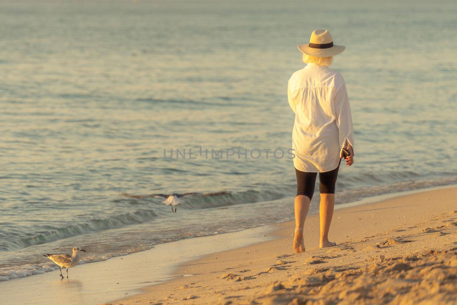 Woman walking on beach at sunset dreaming