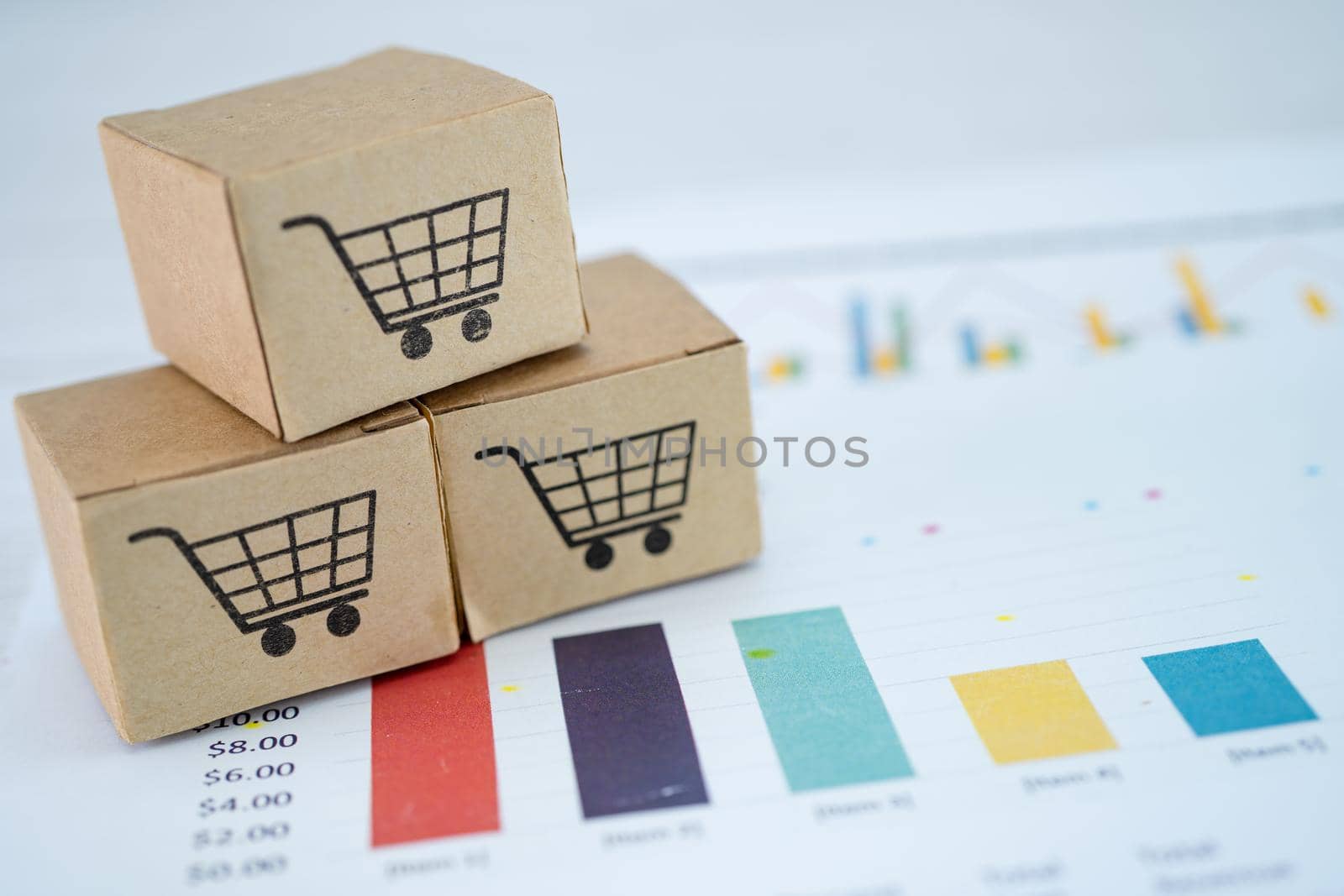 shopping cart logo on box with graph background. Banking Account, Investment Analytic research data economy, trading, Business import export transportation online company concept.