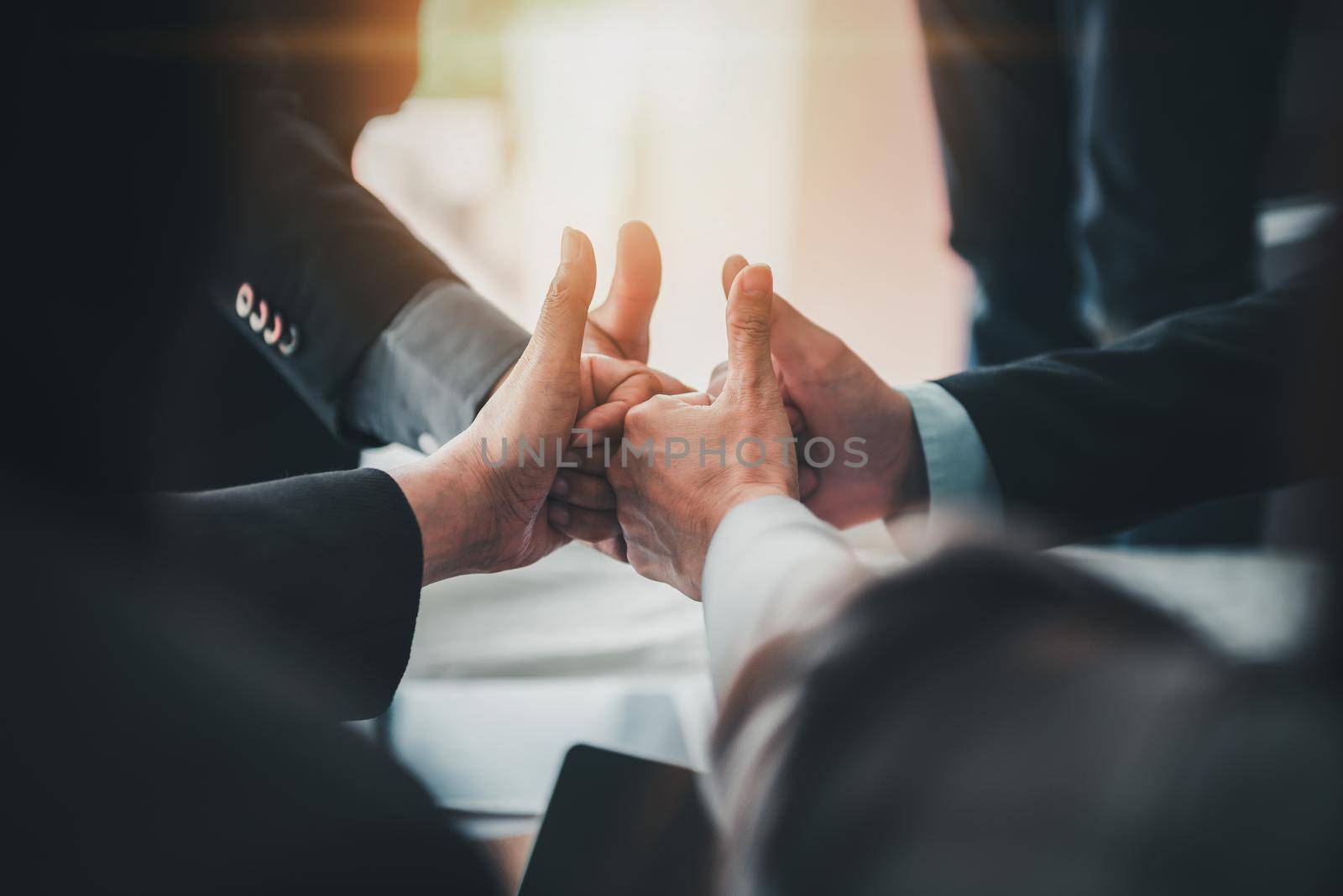 Business People Teams Giving Thumbs up While Standing in Office Workplace, Close Up of Confident Business Officer Teamwork Showing Thumbs-up Satisfied ​for Work Warranty Trust. Trustworthy Concept