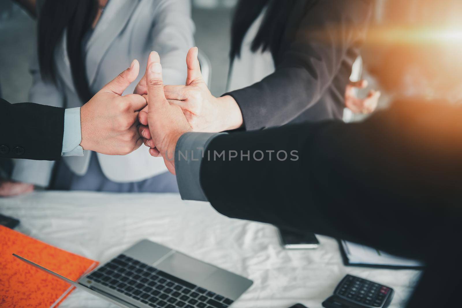 Business People Teams Giving Thumbs up While Standing in Office Workplace, Close Up of Confident Business Officer Teamwork Showing Thumbs-up Satisfied ​for Work Warranty Trust. Trustworthy Concept