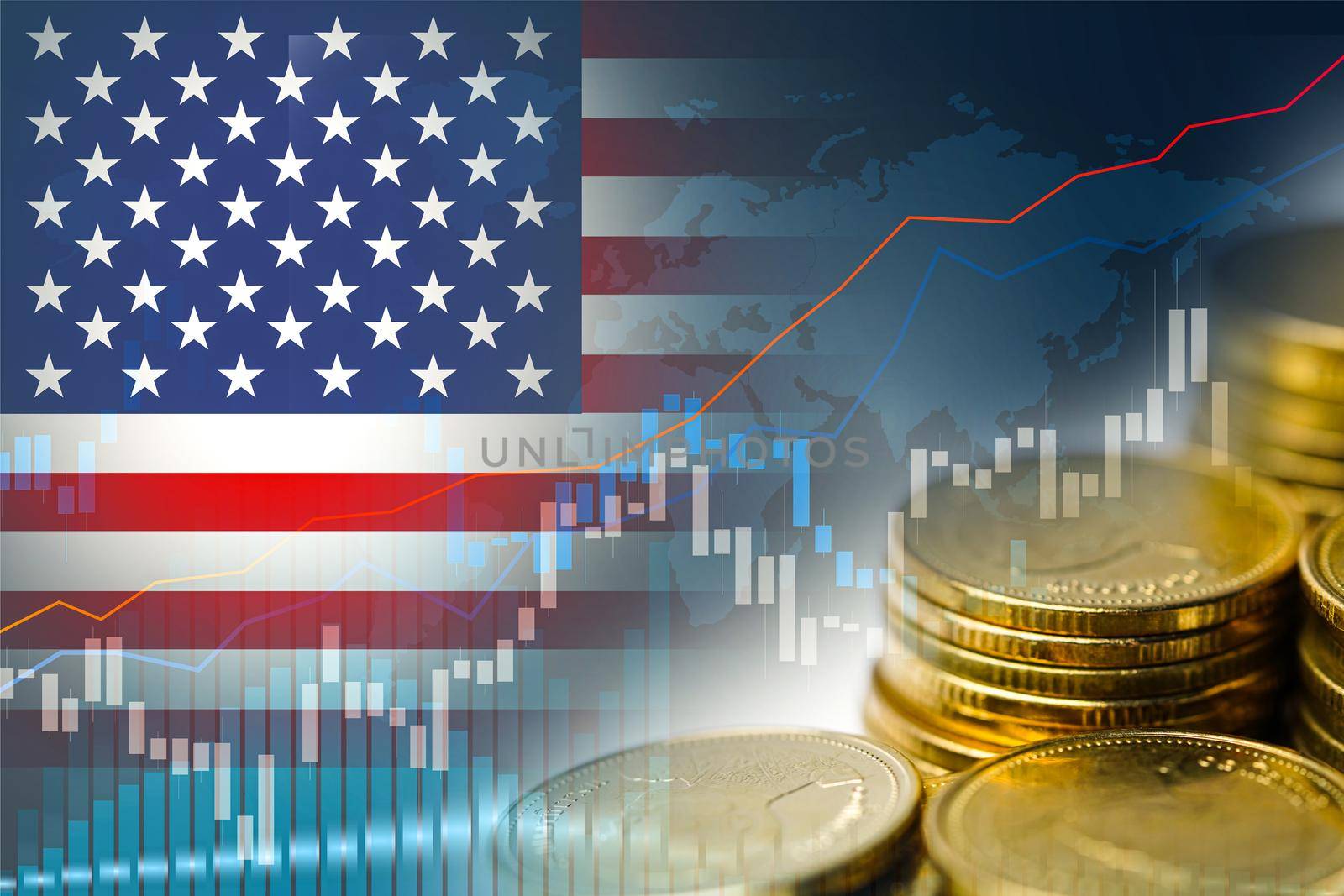 Stock market investment trading financial, coin and USA America flag or Forex for analyze profit finance business trend data background.