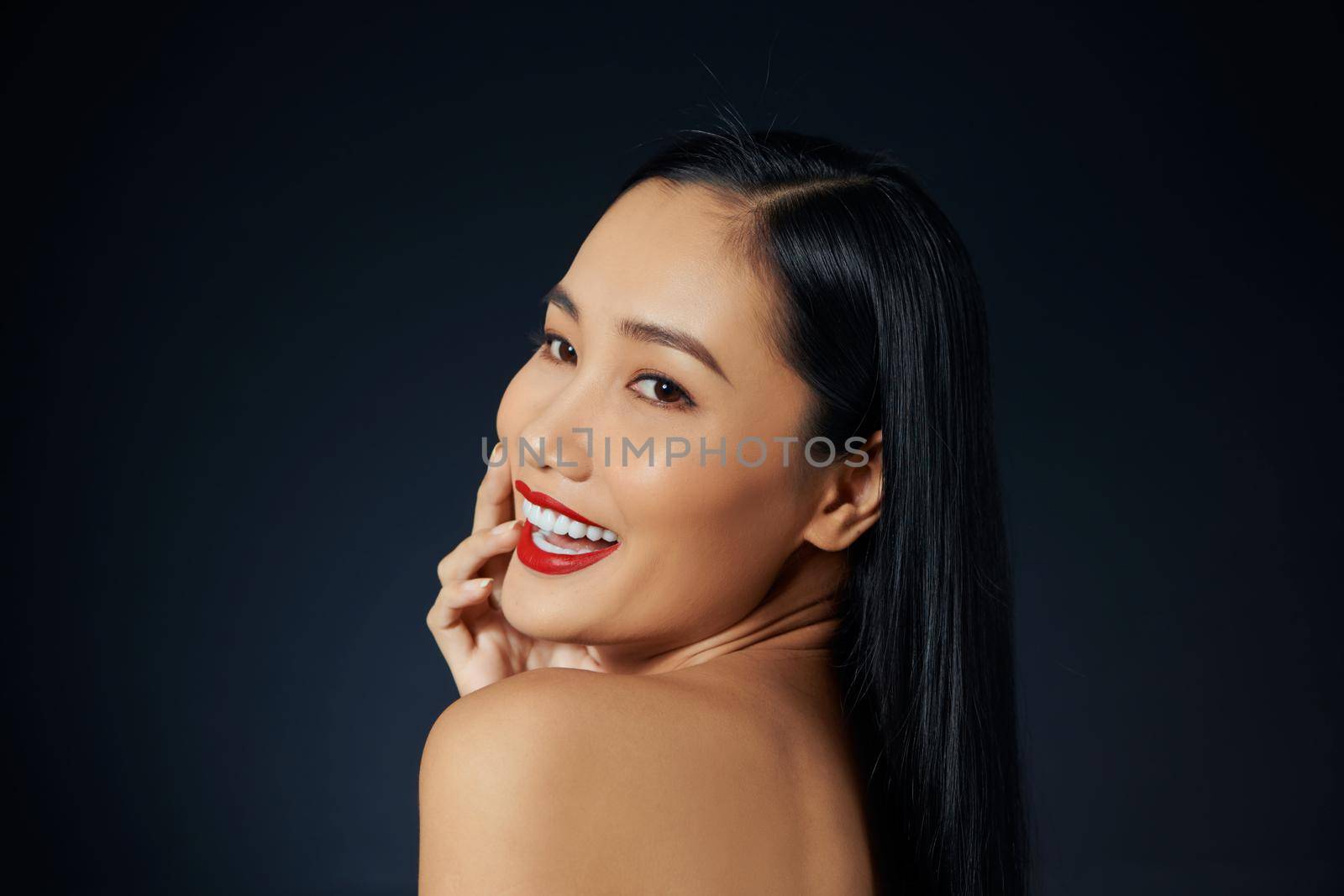Sensual beautician woman portrait, touching hand faced, elegant and romantic females by makidotvn