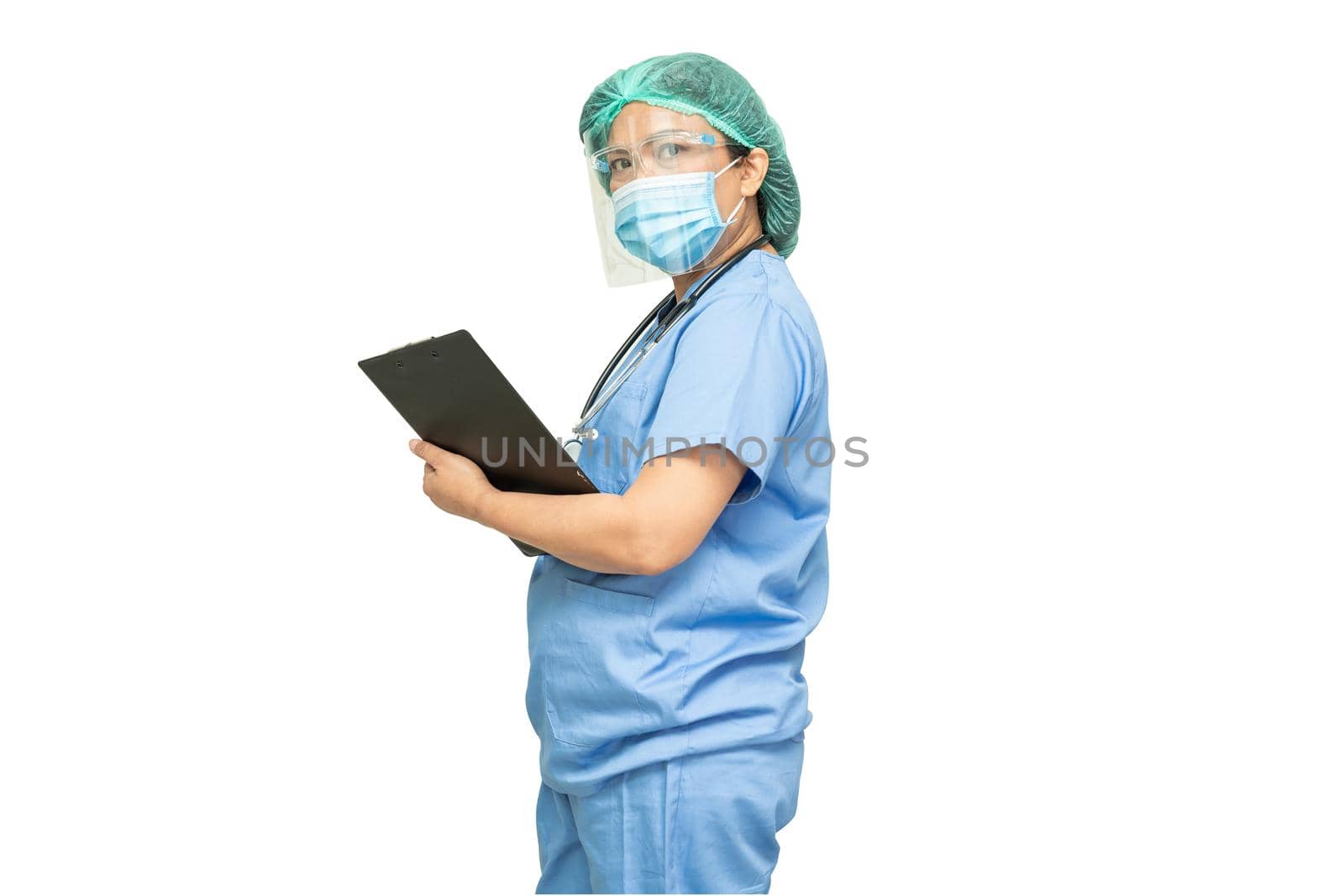 Asian doctor wearing mask, face shield and PPE suit new normal isolated on white background with clipping path to protect safety infection Covid-19 Coronavirus.