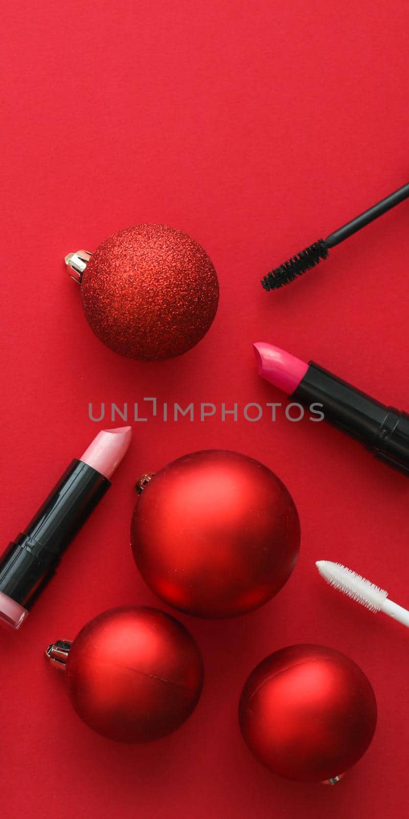 Cosmetic branding, fashion blog cover and girly glamour concept - Make-up and cosmetics product set for beauty brand Christmas sale promotion, luxury red flatlay background as holiday design