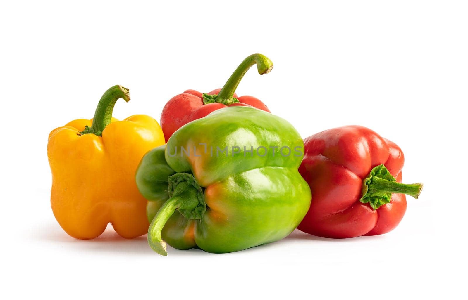 Red yellow and green color sweet pepper isolated on white background with clipping path.