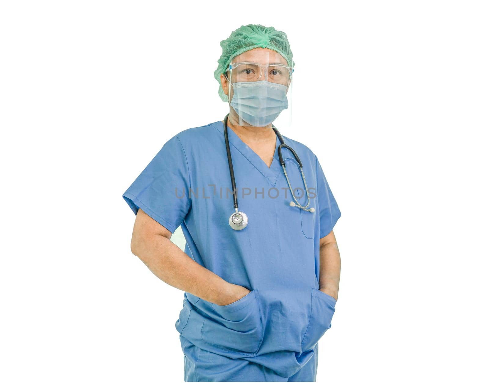 Asian doctor wearing face shield and PPE suit new normal to check patient protect safety infection Covid-19 Coronavirus isolated on white background with clipping path.