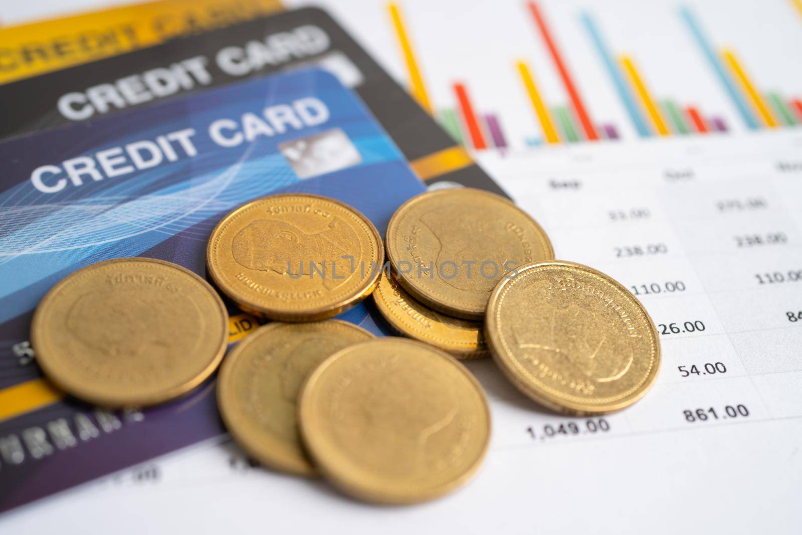 Credit card model and coins with shopping cart box, Financial development, Accounting, Statistics, Investment Analytic research data economy office Business company banking by pamai