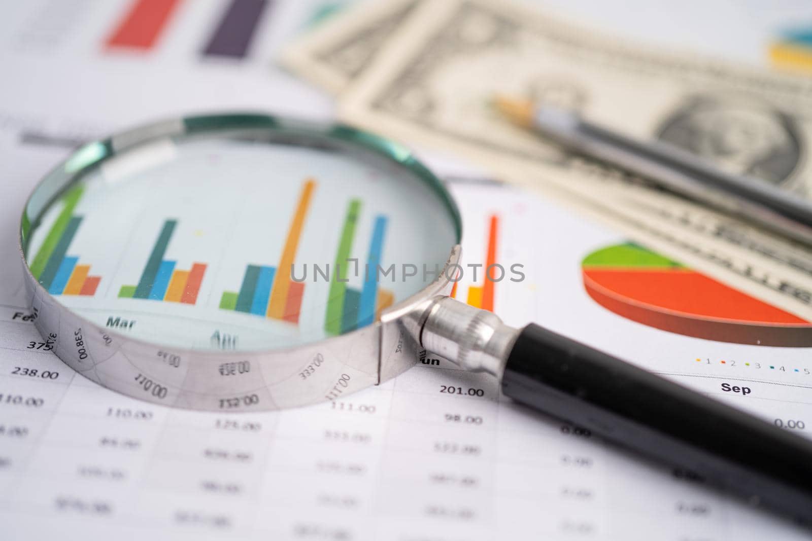 Magnifying glass on charts graphs paper. Financial development, Banking Account, Statistics, Investment Analytic research data economy, Stock exchange trading, Business office company meeting concept.